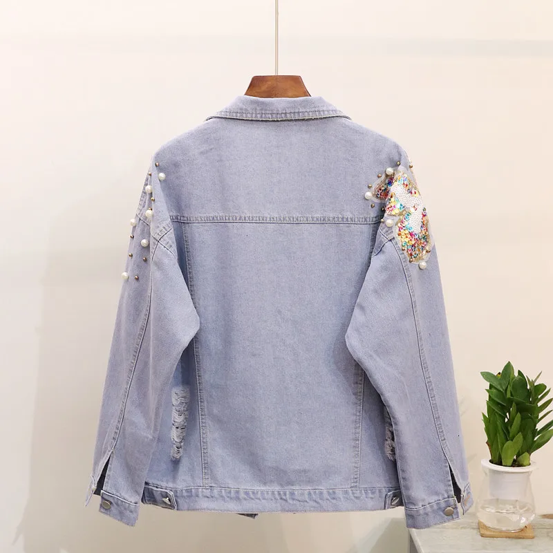 Осень 2020 новинка джинсовая куртка свободного кроя женская с дырками блестками