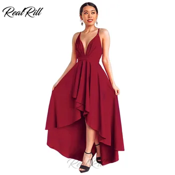 

Real Rill Deep V Neck Hiigh-Low Evening Dress Spaghetti Straps Lace Up Back Satin A Line Long Party Dress Formal Dress