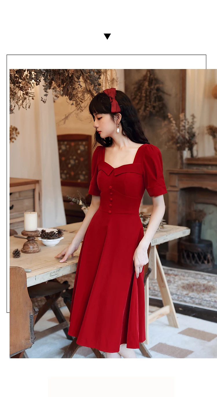 Summer Vintage Women Chic Square Collar Red Slim Party