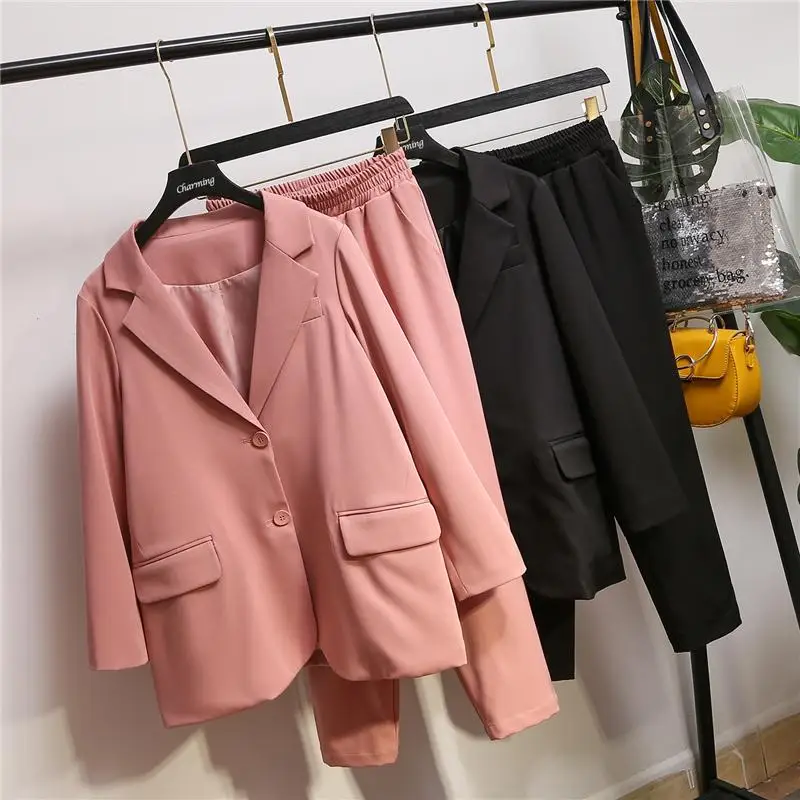 XL-5XL плюс размер однобортный женский брючный костюм осень большой размер Блейзер с вырезом куртка брюки наборы офисные женские брючные костюмы