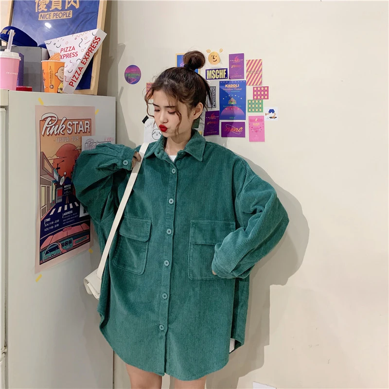 Harajuku размера плюс, женская блузка с длинным рукавом,, корейский стиль моды, женские белые топы, Вельветовая рубашка, Kpop, одежда для пар, зеленая