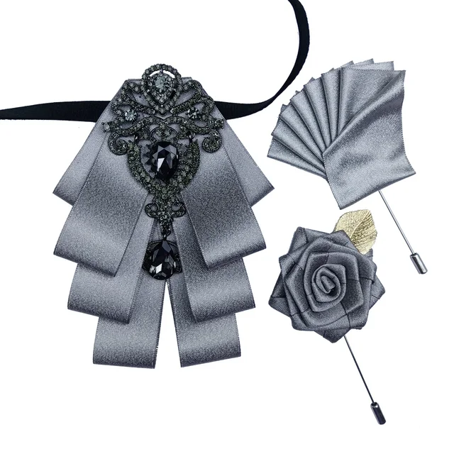 British New Fashion Men's Wedding Performance Groom Wedding-Party Flower Collar Bow Tie Pocket Towel Square Set Men Accessories SilverGraySet-BLACK