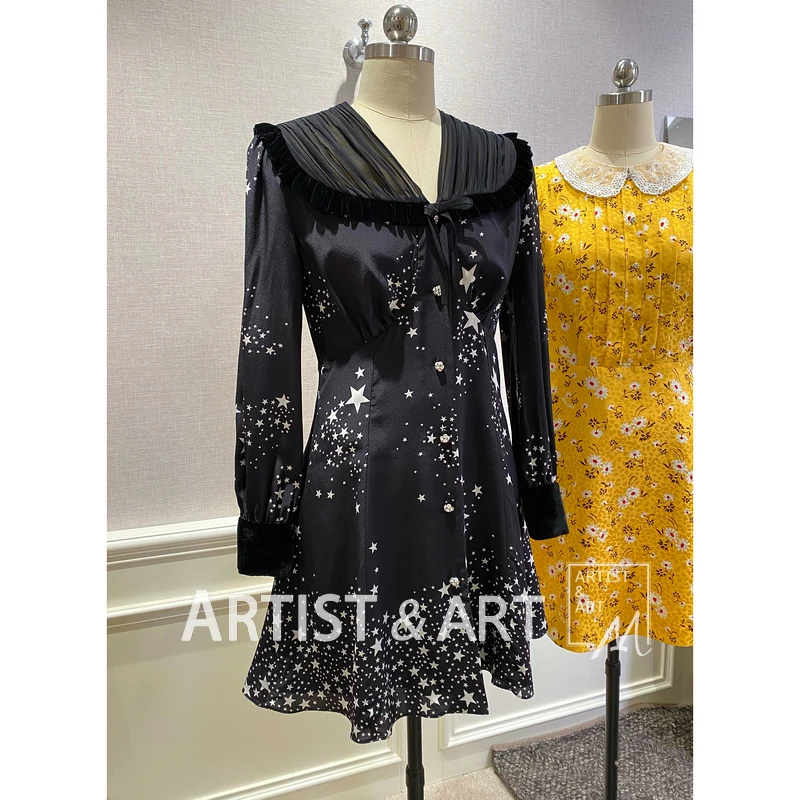 

Svoryxiu Designer Custom Starry Sky Print Silk Dress Women's Long Sleeve Diamond Button Summer Party Sexy Black V-Neck Dresses