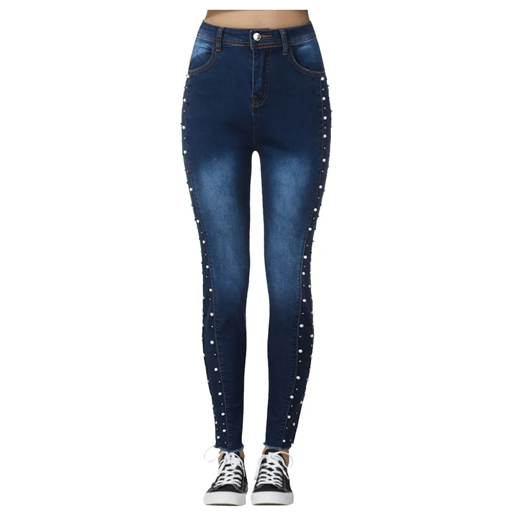 Женские синие джинсы, обтягивающие черные джинсы с жемчужинами и бисером на лето и весну, женские повседневные джинсы с высокой талией на молнии - Color: BLUE