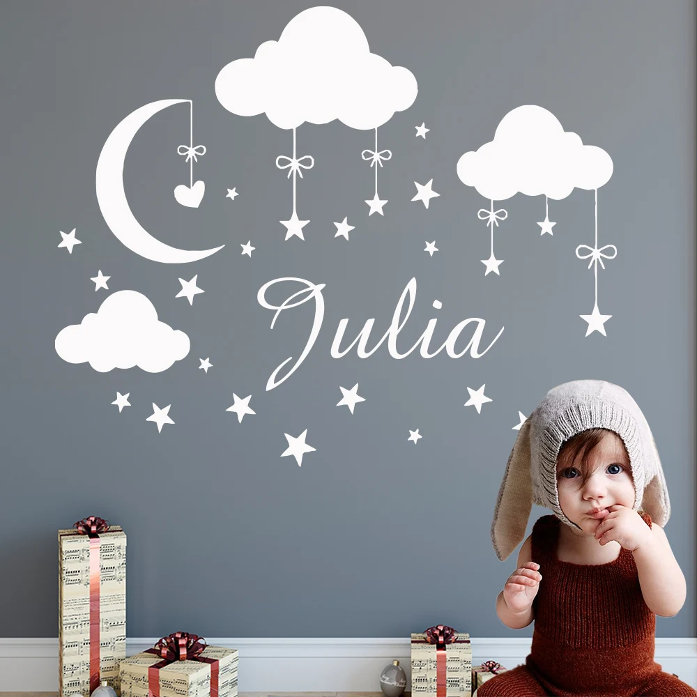 Пользовательское имя облака луна звезды стены стикеры виниловые художественные наклейки для детей Детская комната украшения Девушки Спальня Декор Фреска