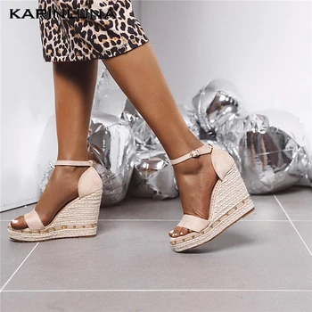 

Karinluna 2020 Big Size 43 Dropship Quality Platform Rivets Starw Wedges High Heels Summer ankle-strap Sandals Shoes Women