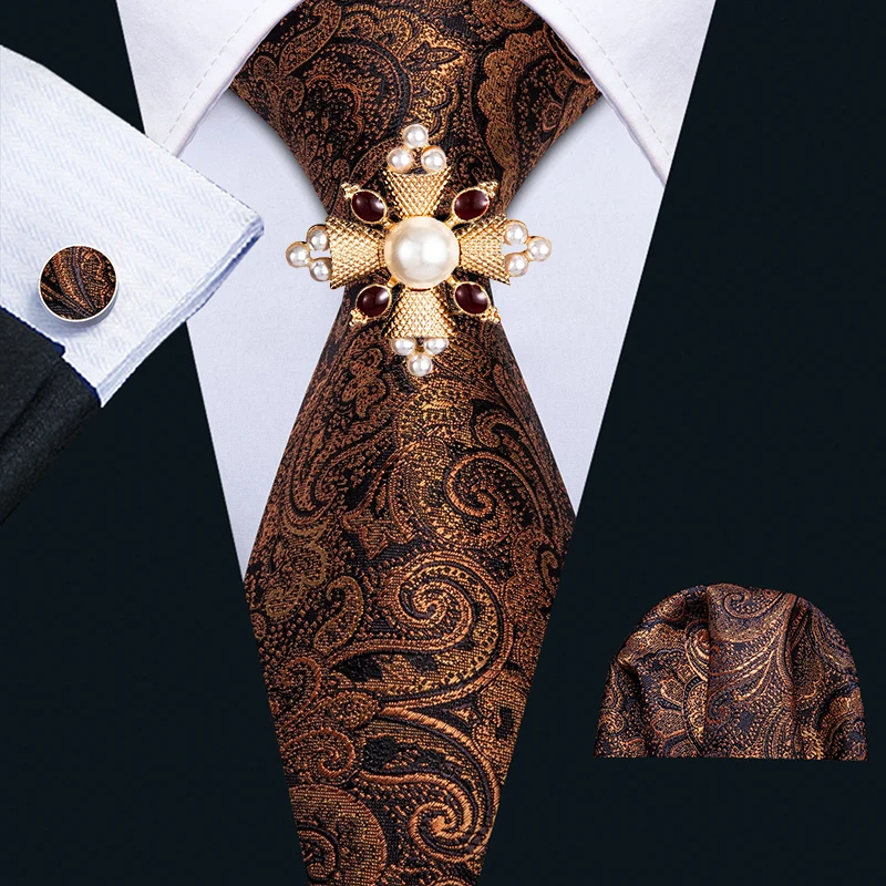 

Barry.Wang Men Silk Necktie Gold Paisley Tie Set Handkerchief Cufflinks Brooch Set Floral Yellow Neck Tie Woven Designer Suit