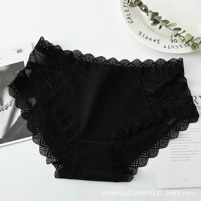 

Women's Cotton Underwear Sexy Lace Panties Mid Waist Seamless Briefs Women's Solid Color Hollow Out Panties Girl Bow Underpants