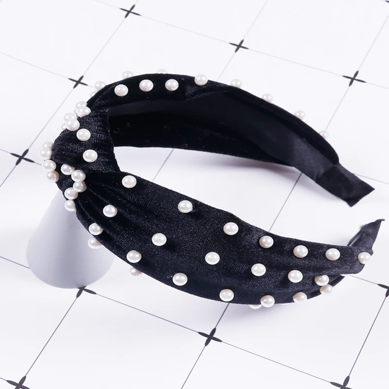 black headband Винтажная Жемчужная Повязка на голову для женщин ободок широкая бархатная повязка на голову с узлом обруч для волос с бантиком широкая лента для волос аксессуары для волос черный - Цвет: black headband