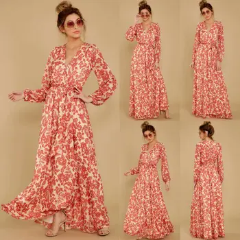 

Fashion Floral Women Dress Long Sleeve V Neck Holiday Bodycon Female Ladies Party Evening Formal Long Beautiful Maxi Dress