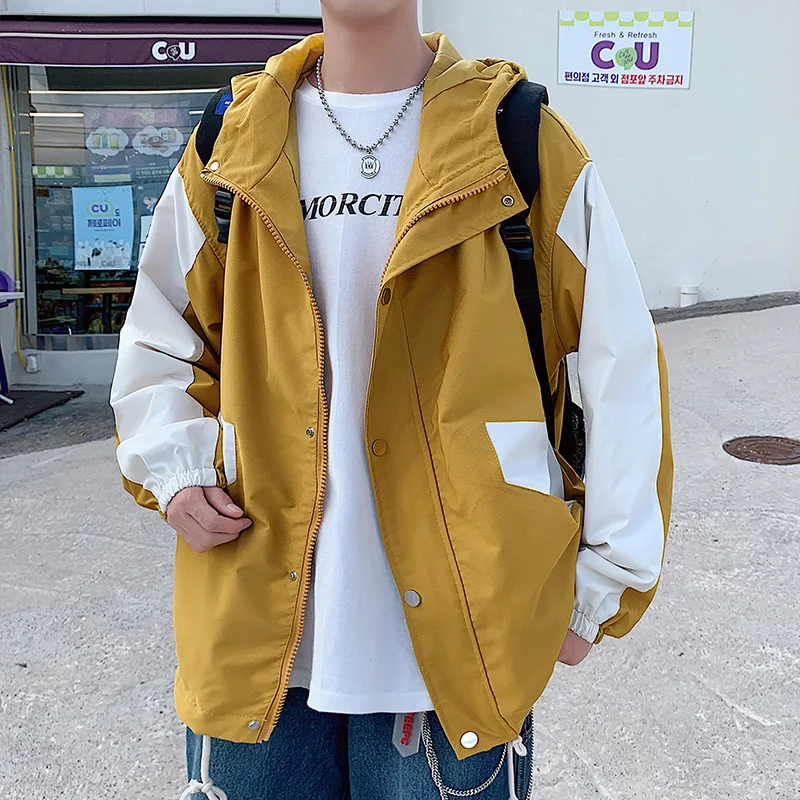 

Spring Jacket Men's Fashion Hit Color Casual Hooded Jacket Coat Man Streetwear Wild Hip Hop Loose Bomber Jacket Mens S-2XL