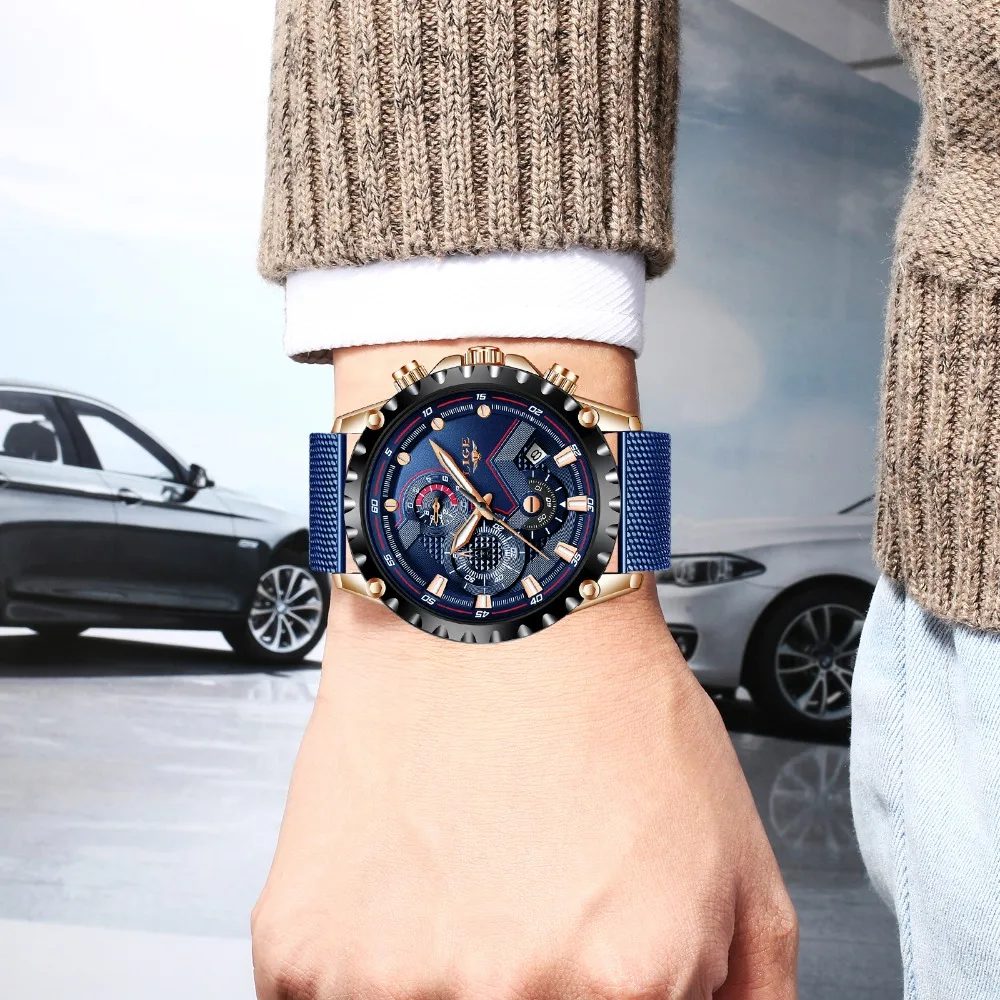2019LIGE новые мужские часы синий сетчатый ремень модные кварцевые золотые часы мужские s часы лучший бренд Роскошные водонепроницаемые часы Relogio Masculino