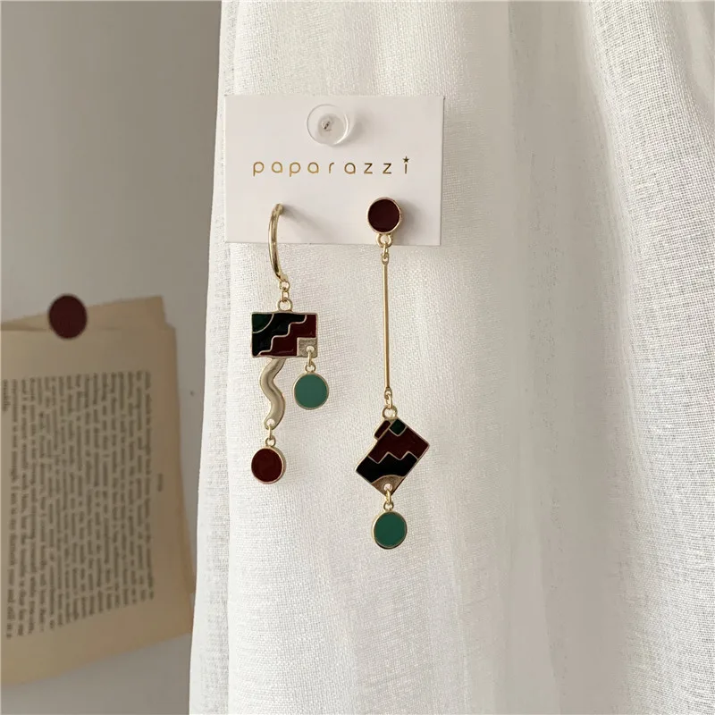 

S925 Needles Temperaments Fun Cute Women Ear Stud Earrings Asymmetric Drip Glaze Geometric Mixing Color Earrings Female Fashion
