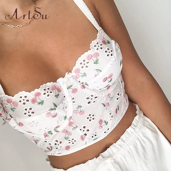 

Artsu Sexy Hollow Out Floral Printed Crop Top Frill Retro Clothes Women Camisole Strapless Spaghetti Strap Cami Tops