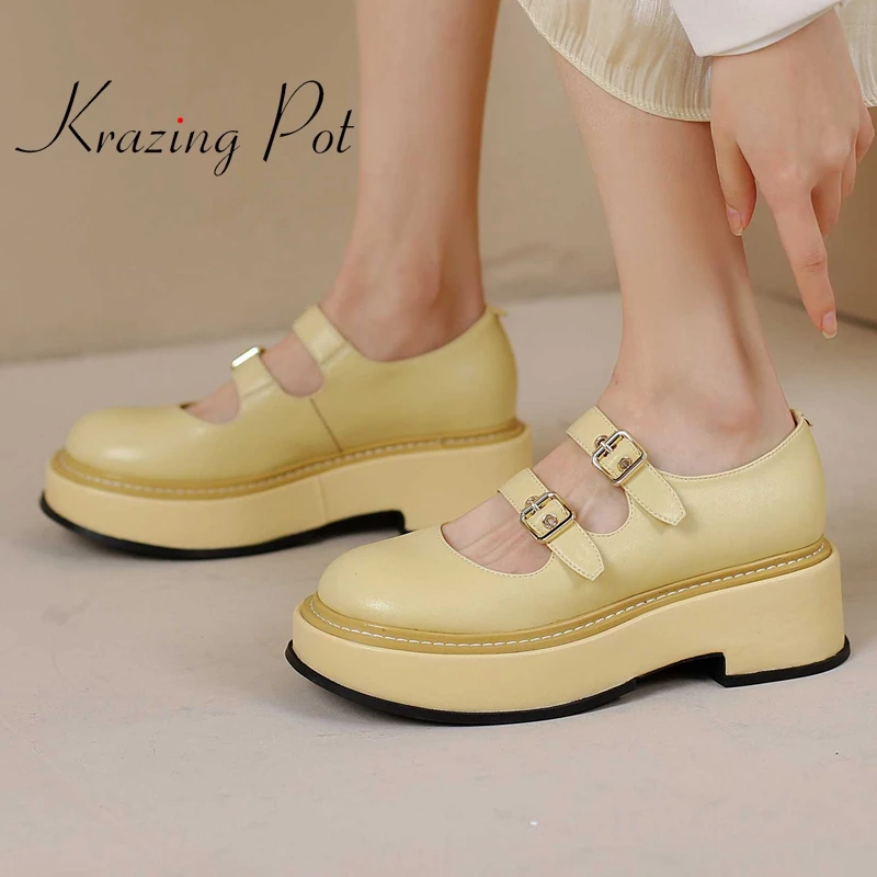

Krazing Pot Genuine Leather Round Toe High Heels Platform Spring Shoes Buckle Strap Mary Janes Preppy Style Basic Women Pumps