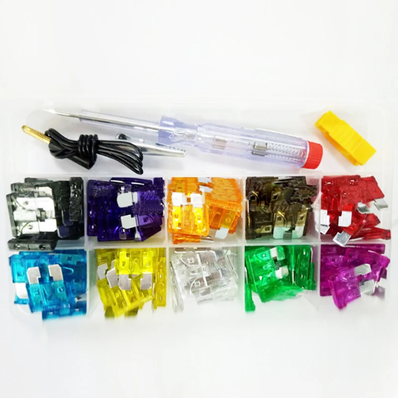 

100Pcs/Set Blade Fuse Standard Medium Zinc Blade Fuse Puller Car Tester Pen Auto Fuse Medium Size Assortment Kit Car Accessories