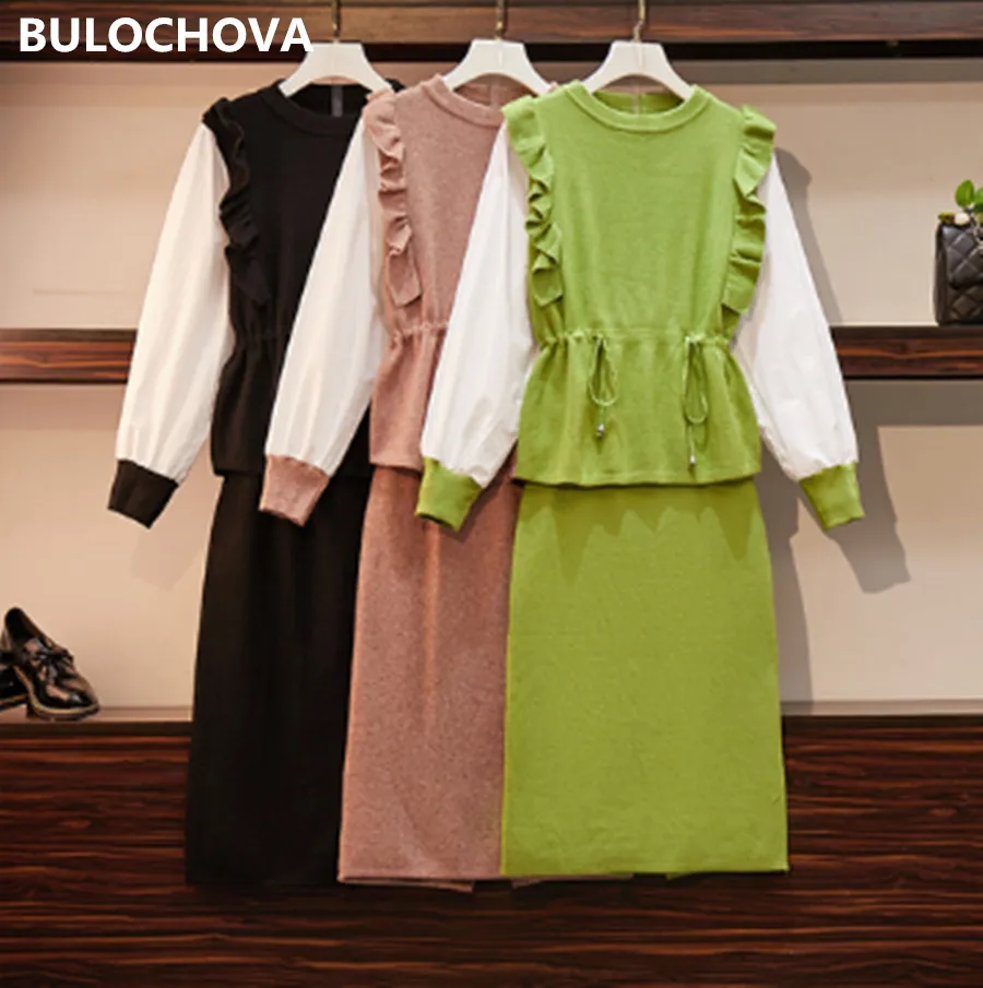 2019 Newest Autumn Women Large Size Knitted Sweaters Suit Patchwork Chiffon Long Sleeve Sweater Tops + Skirt 2 Pieces Sets |