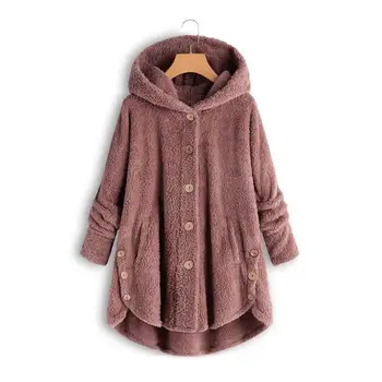 

Fashion Winter Thicken Women Solid Color Warm Plush Button Hooded Coat Jacket Irregular Outwear