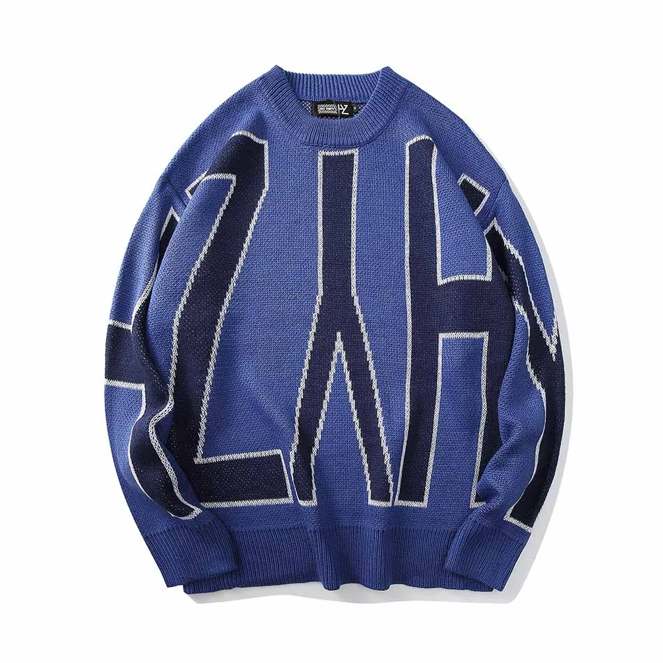 Harajuku Knited Sweater Men Crew Neck Letter Print Loose Hip Hop Designer Crop Top Pullover Oversize Sweater for Men - Цвет: Синий