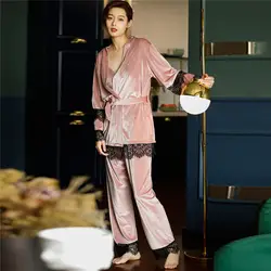 Женские пикантные пижамные наборы, 3 предмета, кружевная спаренная Пижама, длинные штаны с длинными рукавами, велюровая Домашняя одежда