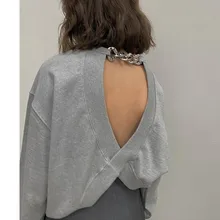

Women's Top Spring and Autumn 2021 New Fashion Round Neck Sexy Chain Loose Gray Backless Sports T-shirt Mujer Long-sleeved