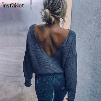 

Sexy New Winter Backless Elegant Knitted Sweater Pullover Women Loose Round Neck Blue Jumper Autumn Casual Sweater 2020 New