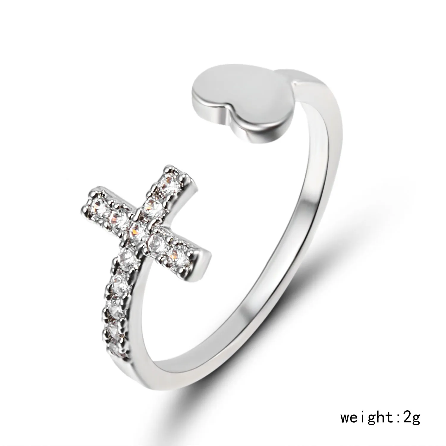 1PC Silver Color Alloy Rhinestone Cross Ring Geometric Heart Adjustable Opening Rings For Women Fashion Jewelry Gift