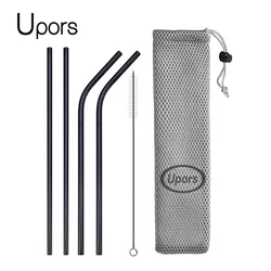 Premium Reusable Stainless Steel Drinking Straw Set with Cleaning Brush & Pouch (Black with bag)