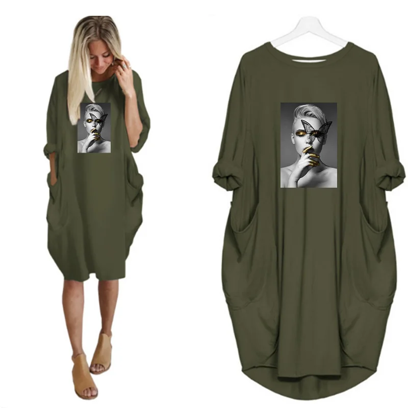Plus Size Nordic Art Dress Butterfly Girl Cool Women Midi Dresses O-Neck Autumn Thin Long Sleeve Pockets Loose Party Vestidos