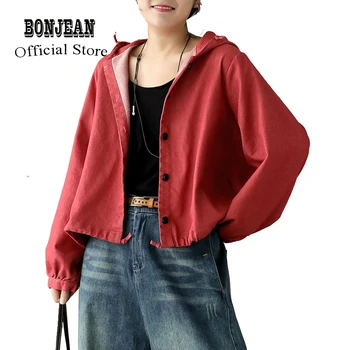 

Women Denim Jacket Outwear Short Hooded Big Loose Retro Vintage Fashion Casual for Autumn Spring AZ23221438