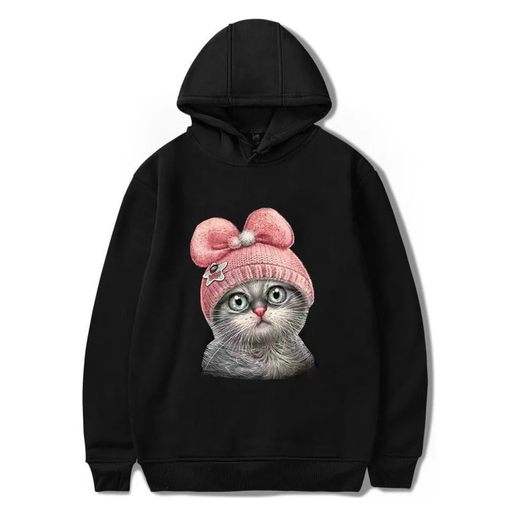 Hoody Ladies Warm Hoodies Cartoon Cat Print Hot Sale Sweatshirt Women Fashion Pullovers High Quality Women Tops Outwear