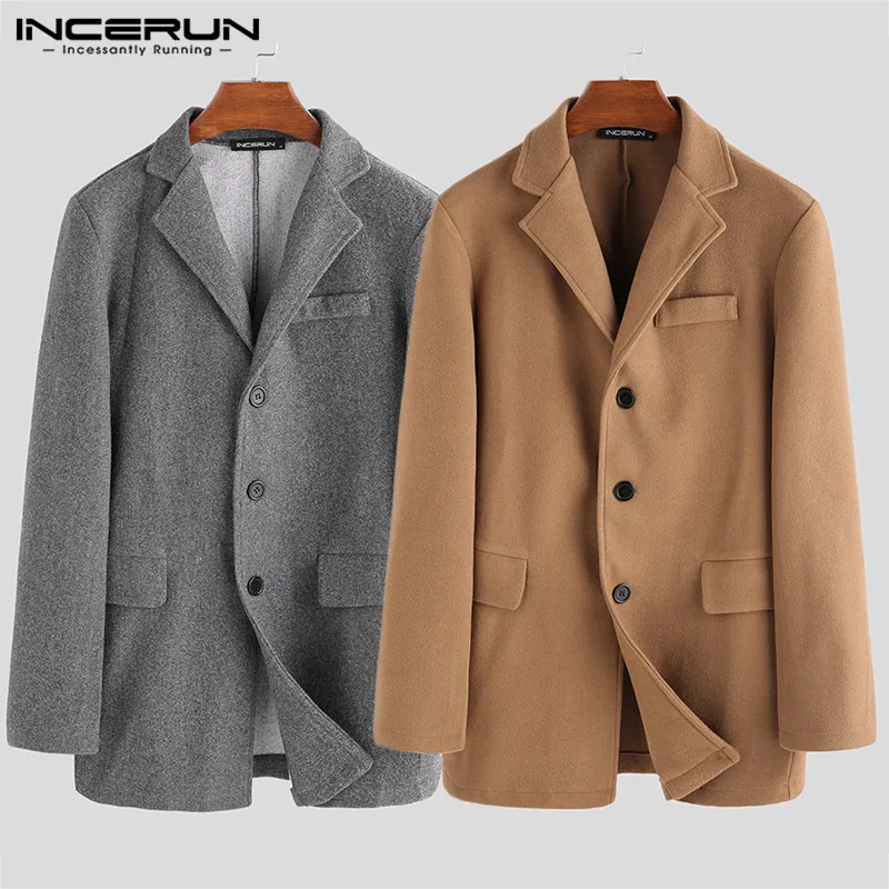 INCERUN мужской Тренч из искусственного флиса, куртки на пуговицах с длинным рукавом, зимняя повседневная однотонная деловая верхняя одежда, Мужское пальто уличная