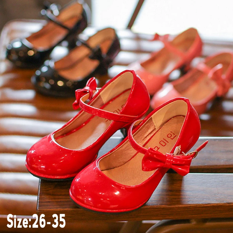 New Hot Sale Princess Shoes Girls Party Bow Shoes Shiny Solid Red Color High-heeled Fashion for Kids Size 26-35