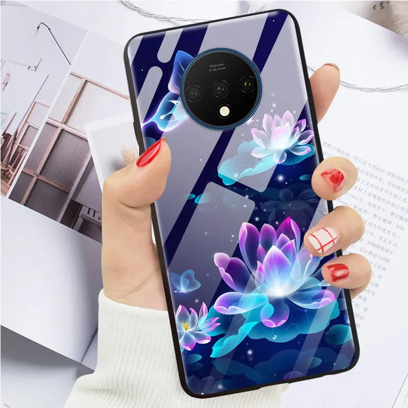 Закаленное стекло Чехол для Oneplus 7T Case Жесткий ПК Красочная задняя крышка Для Oneplus 7T Крышка 1+ 7T Телефонный бампер на один плюс 7T Fundas