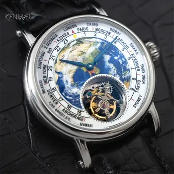 

3D Earth Real Tourbillon ST8000 Movement Men Watch Creative Design Enamel Dial Alligator Leather Men's Mechanical Wristwatch