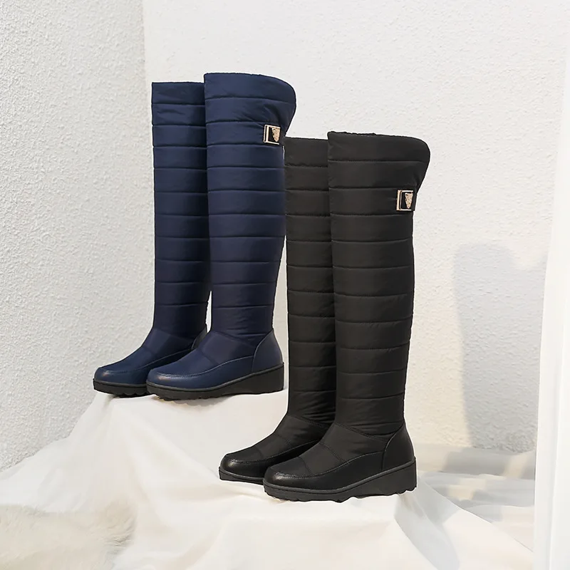 

Warm Eiderdown Boots Female Winter New Fashion Pure Color PU Temperament High Quality Soft Comfortable Wedges Long Snow Boots