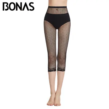 

BONAS New Sexy Fishnet Footless Tights Women High Elasticity Black Nylon Lace Footless Tights Sunscreen Breathable Lady Tights