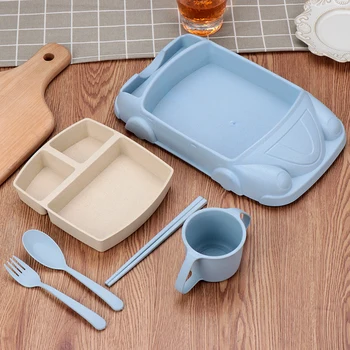 

Baby Tableware Set Creative Cartoon Car-Shaped Plate Non-Slip Baby Bamboo Fiber Plate Bowl Portable Tableware Set