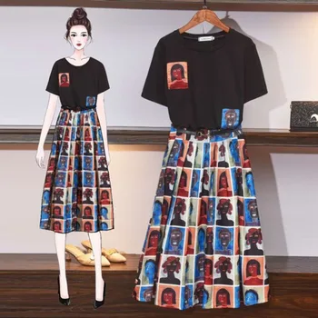 

Women Summer Streetwear Black T-Shirt Top + Elastic Waist Character Printed Mid-calf Skirt Female Plus Size Top Tee Skirt Set