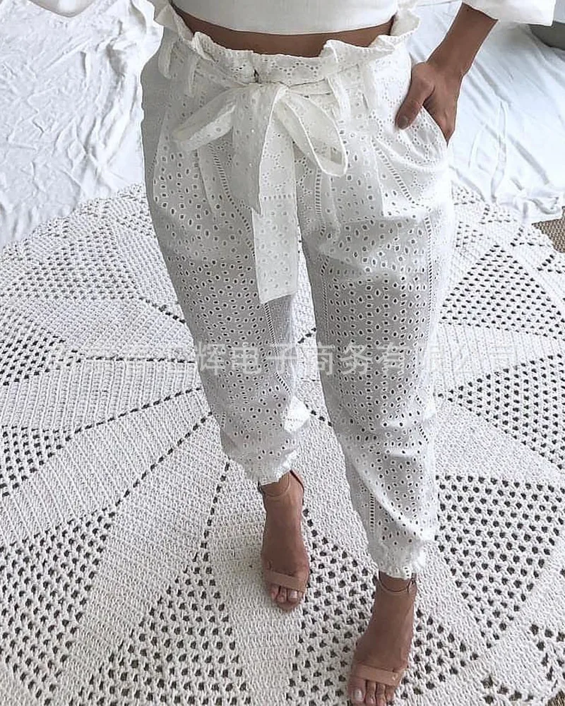 Pantalones blancos encaje calado con cinturón para mujer, largos calados de baja con flores de encaje, a la moda, color blanco _ - AliExpress Mobile