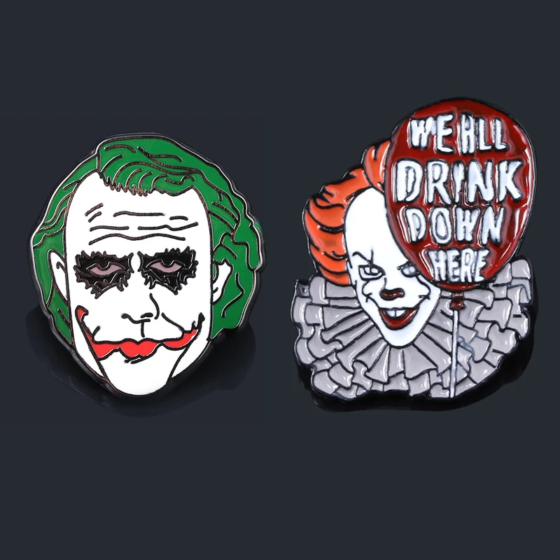SG Movie DC Joker брошь Бэтмен булавки ужас клоун Чаки лицо Стивен Кингс это Pennywise эмалированная булавка на лацкане для женщин и мужчин ювелирные изделия