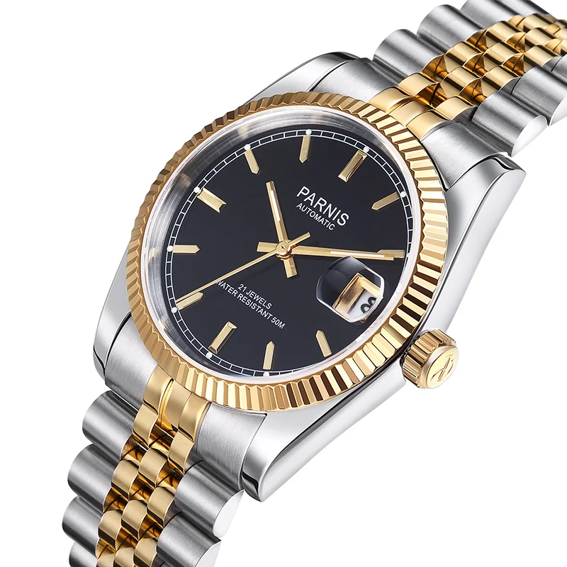 

Parnis Luxury Brand Men Watch Gold Automatic Watch Men Sapphire Crystal Elegant Diamond Stainless Bracelet Relogio Masculino
