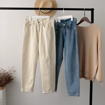 

High Waist Cotton Korean Mom Jeans Women Pants Spring autumn Casual Solid Denim Boyfriend Jeans For Women Female trousers mujer