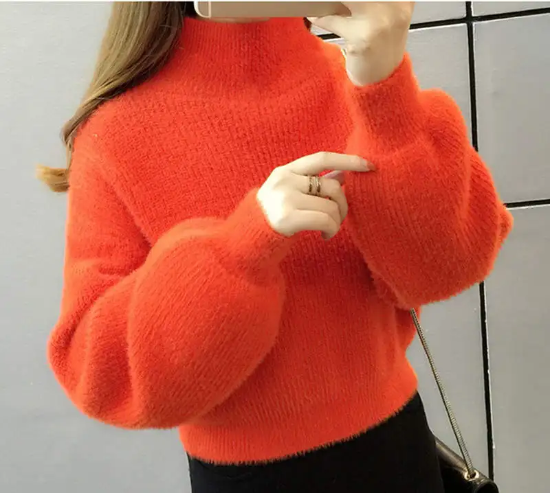 orange turtleneck Модный короткий пуловер из мохера, свитер для женщин, длинный рукав, водолазка, вязаный свитер, Pull Femme Hiver, женские свитера, джемпер C5999 - Цвет: orange turtleneck