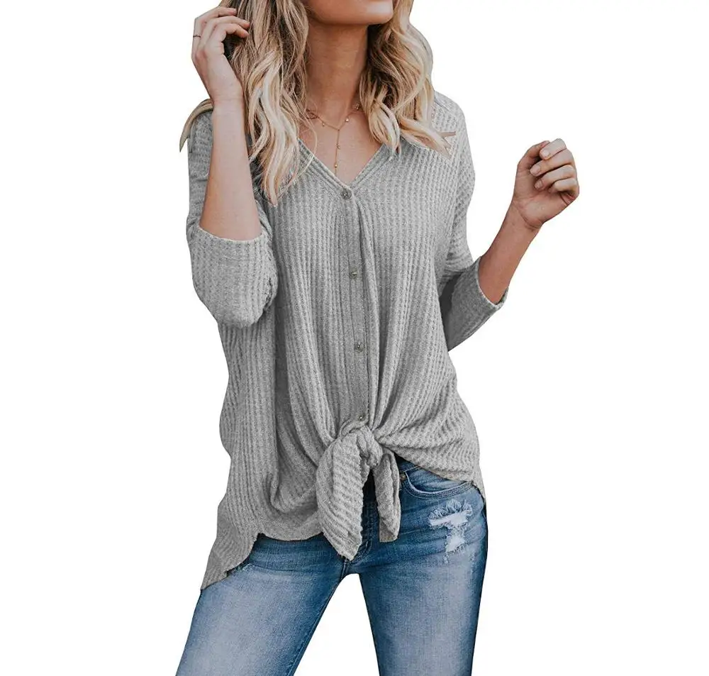 Womens Waffle Knit Tunic Blouse Tie Knot Henley Tops Fitting Bat Wing Plain Shirts