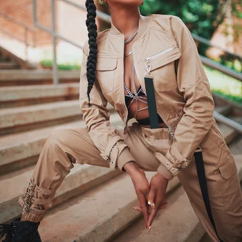 

Women 2 Piece Outfits Safri Style Solid Color Sets Female Zip up Bomber Jacket Crop Tops+Long Pants Cargo Trousers Sweatsuit