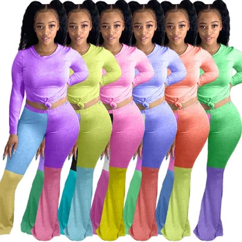 

Woman Casual Trakcsuit Long Sleeve T-shirt Patchwork Wide Leg Flare Bell-bottoms Sweatpants Suit 2 Piece Set Outfits Plus Size