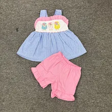 

Summer Girls Clothes Blue Plaid Strap Sleeveless Top And Pink Shorts Easter Three Sheep Embroidery Pattern Toddler Girl Outfits