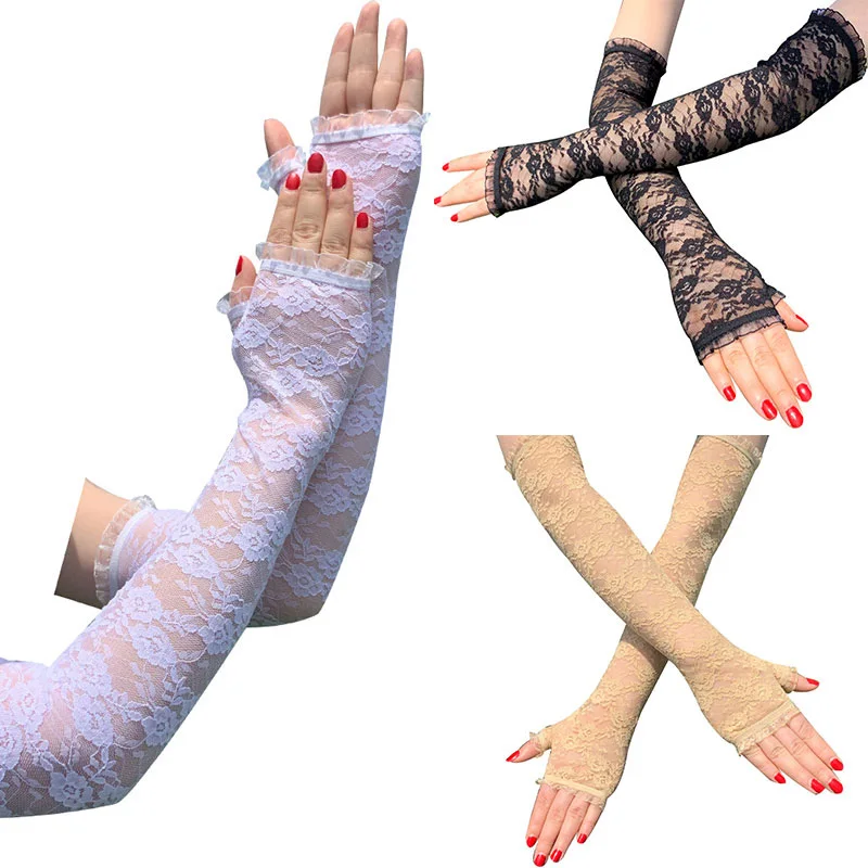 Women Summer Arm Sleeves Gloves Sexy Lace Flowers Gloves Fingerless Mittens Covered Scar Elastic Sleeve Driving Sunscreen Gloves