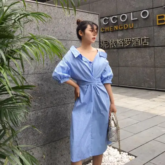 Women Striped Belt Asymmetric Bow Patchwork Drersses New High Street Off Shoulder Design Female Shirt Dress Vestidos DV574